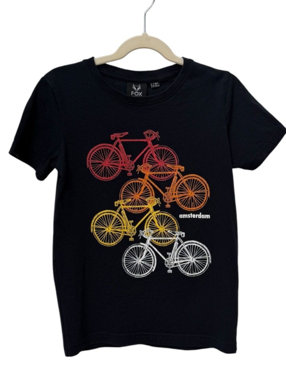 Fox Originals Kids Amsterdam Bicycle Short Sleeve Black Cotton Graphic Tee. 7-8.